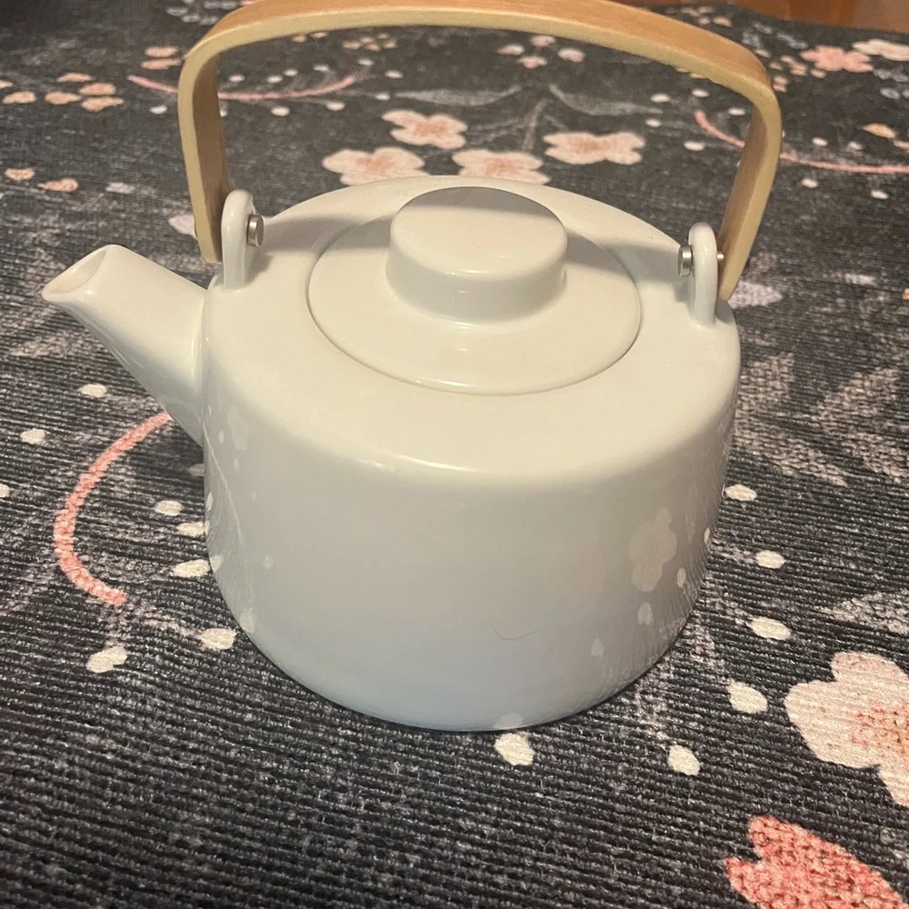 Crate&Barrel White Teapot with Wooden Handle